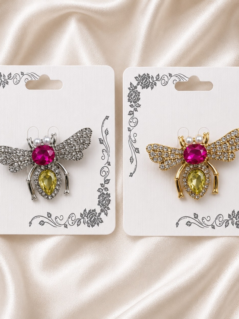 Crystal Bee Brooch - Pink, Yellow Gemstone Accent